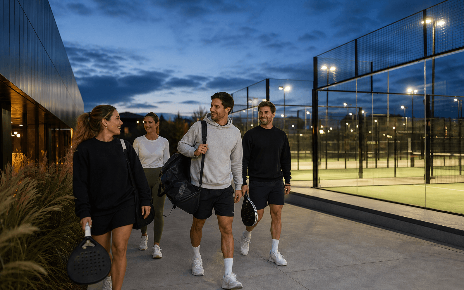 Un grupo de jugadores llega a un club de pádel iluminado al atardecer.